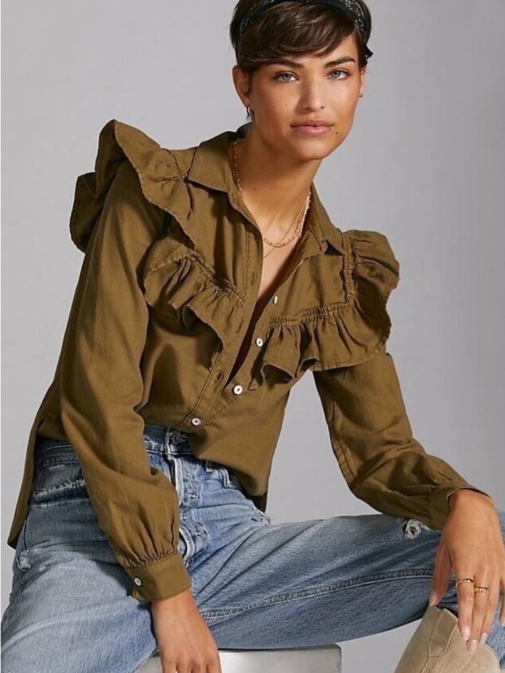 Anthropologie Olive Ruffle-Trim Button Front Blouse